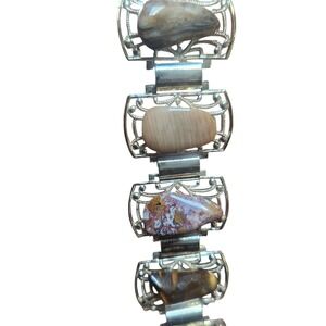 Vintage acrylic Multi Color Filigree Panel Link Bracelet goldtone 7"